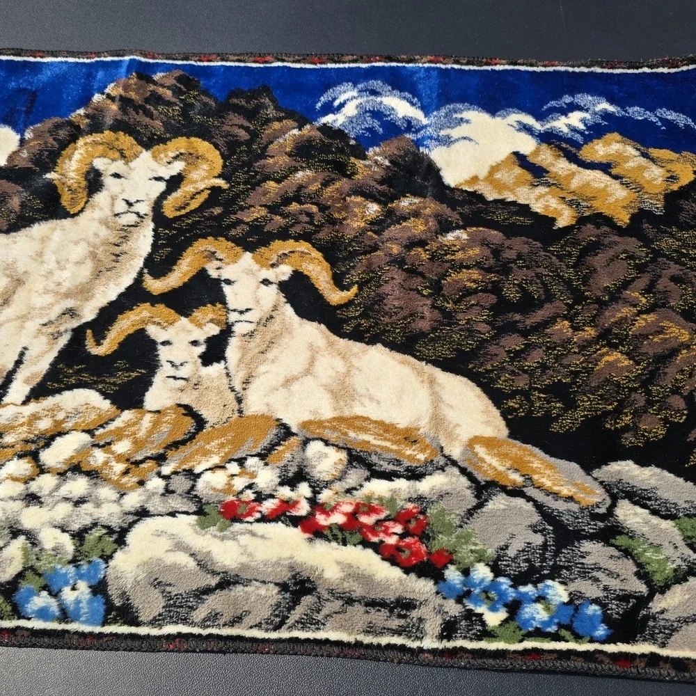 Vintage Italian Velvet Tapestry Mountain Sheep Scene Woven 38x19 Wall Hanging